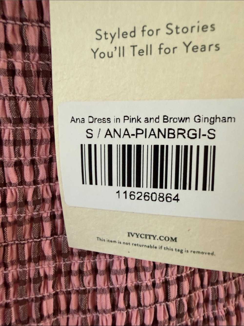 Ivy City Ana Smocked Sleeveless Dress in Pink & Brown Color Gingham size Small - Picture 3 of 6